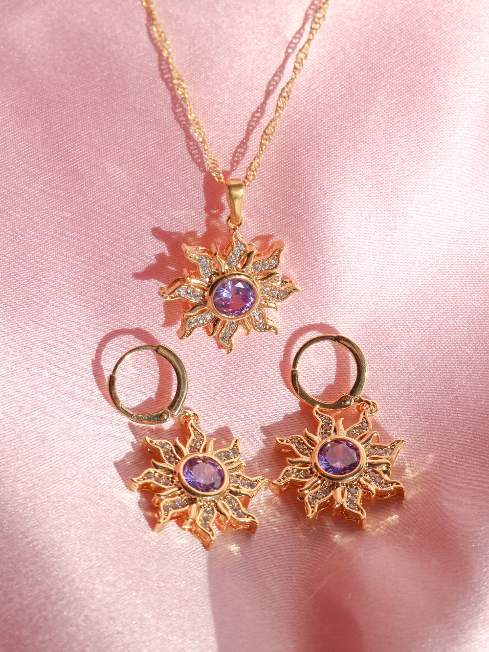 Rapunzel Purple Sun Necklace and Earrings Set, Princess Jewelry