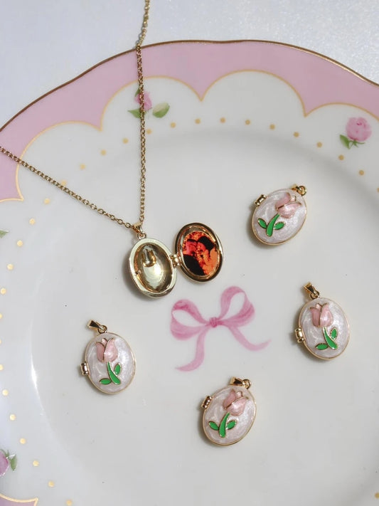 Tulip Flower Personalized Photo Steel Necklace