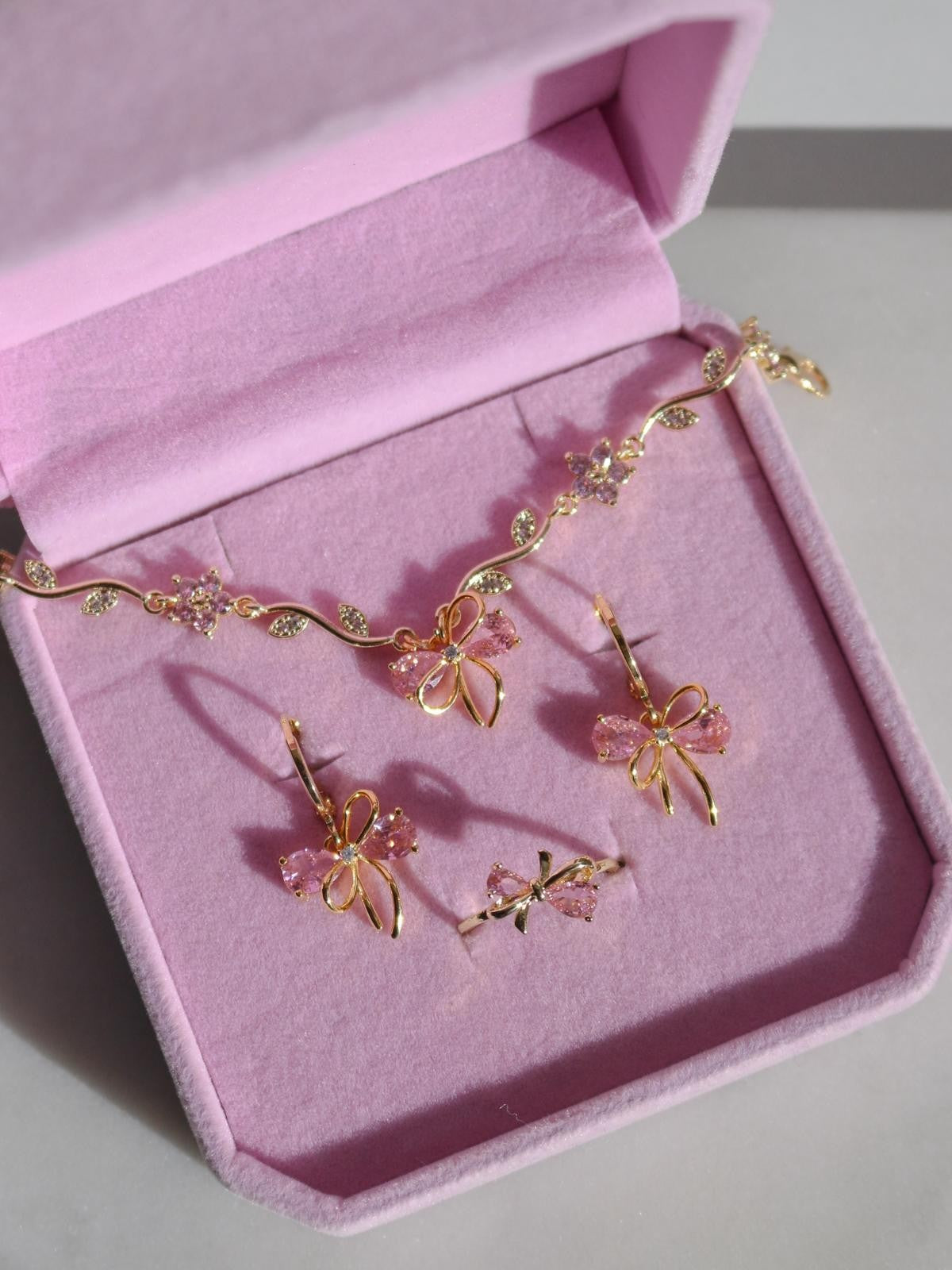 Pink Ribbon Garden Bracelet, Earrings, Ring Set