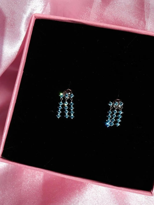 Three Row Stone Stud Earrings 925 Silver Pair