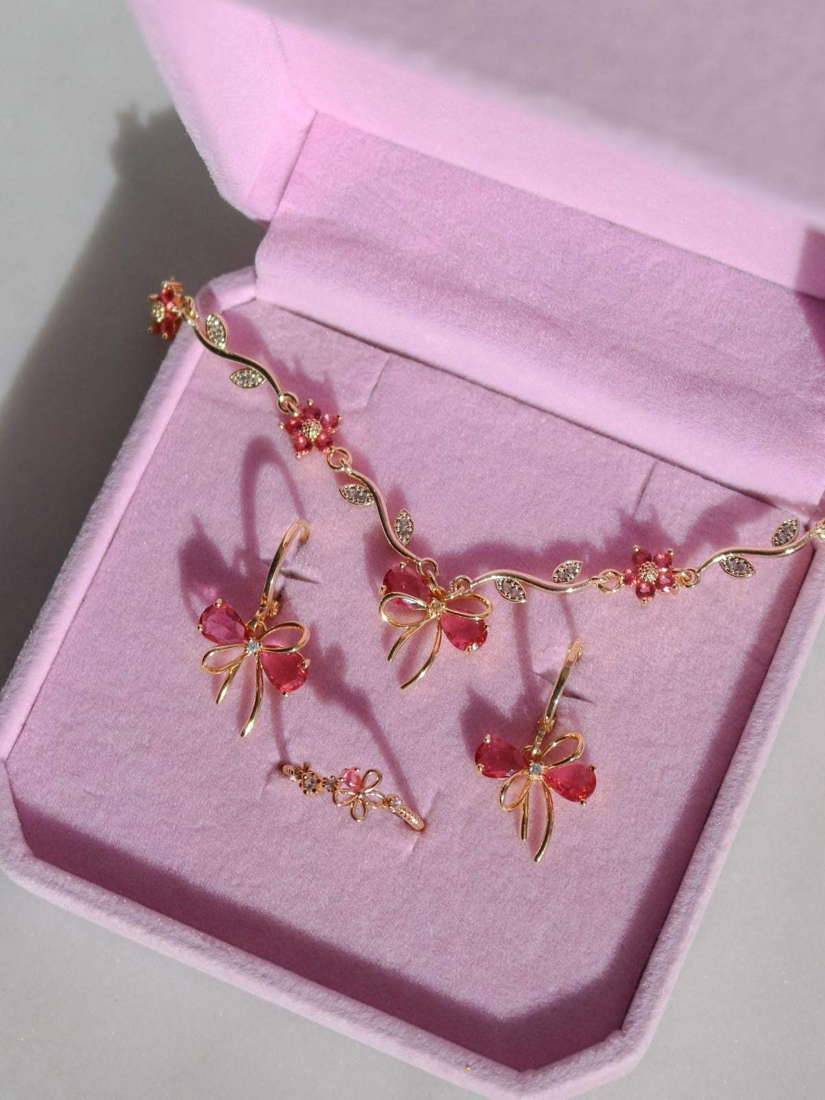 Dark Pink Ribbon Garden Bracelet, Earrings, Ring Set