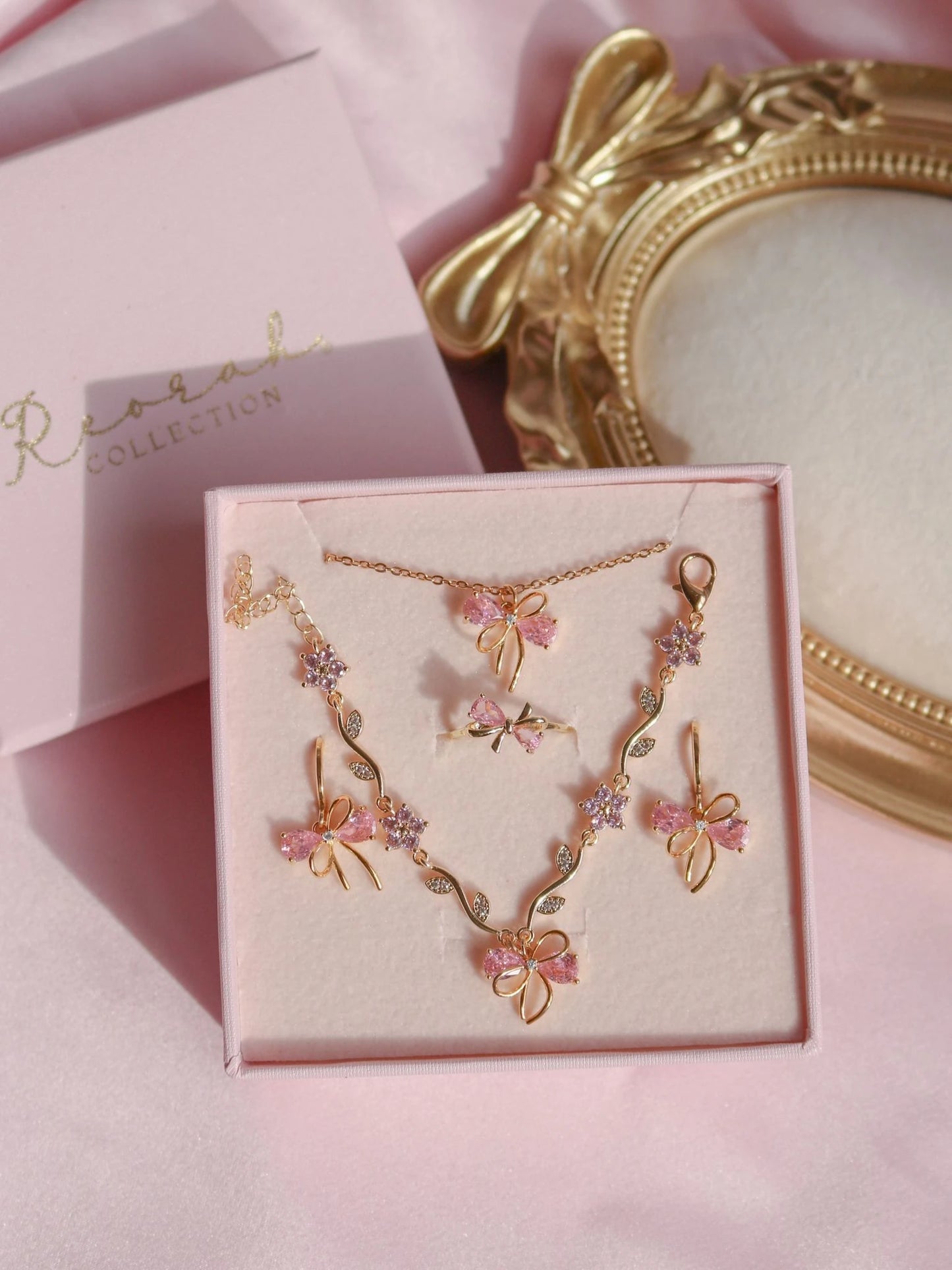 Pink Ribbon Garden Bracelet, Earrings, Ring and Necklace Set