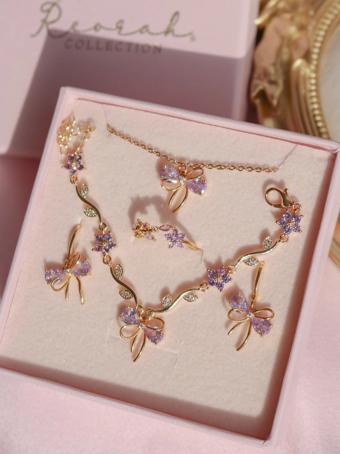 Lilac Ribbon Garden Bracelet, Earrings, Ring and Necklace Set