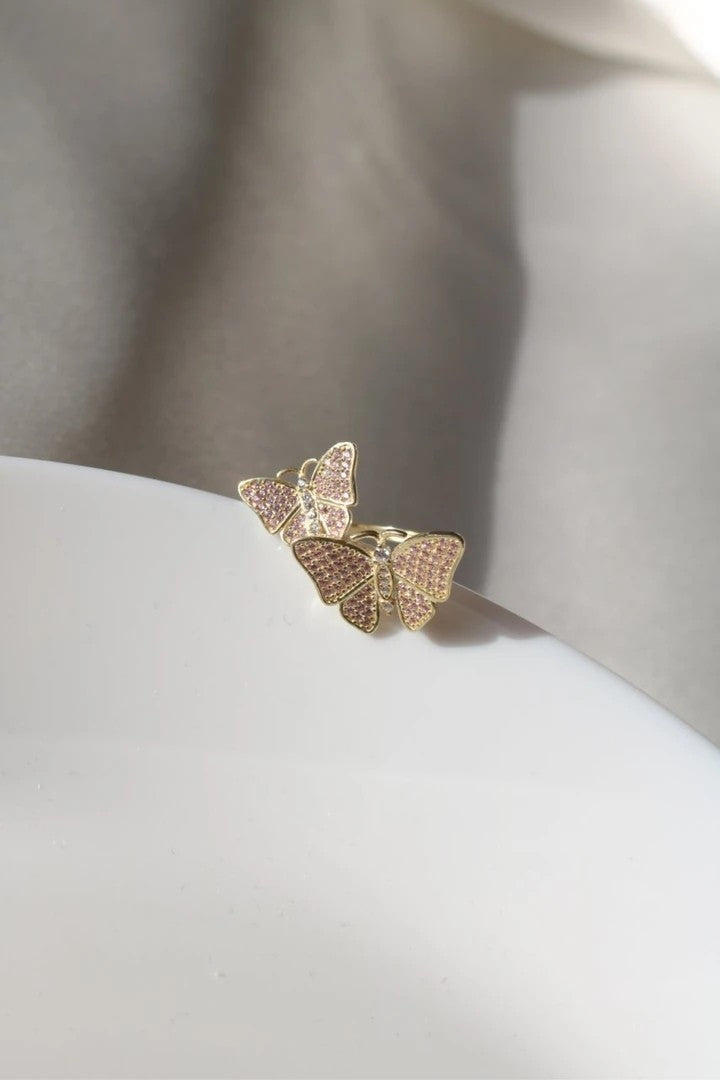 Double Pink Butterfly 925 Silver Ring
