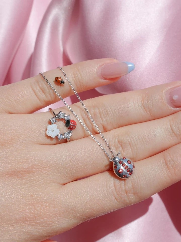 Ladybug 925 Silver Necklace Ring Set
