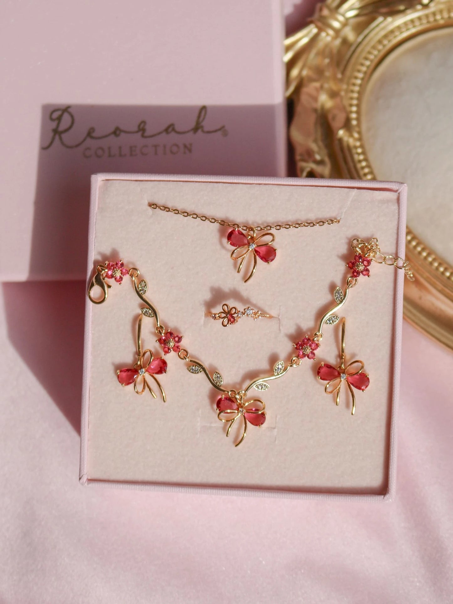 Dark Pink Ribbon Garden Bracelet, Earrings, Ring and Necklace Set