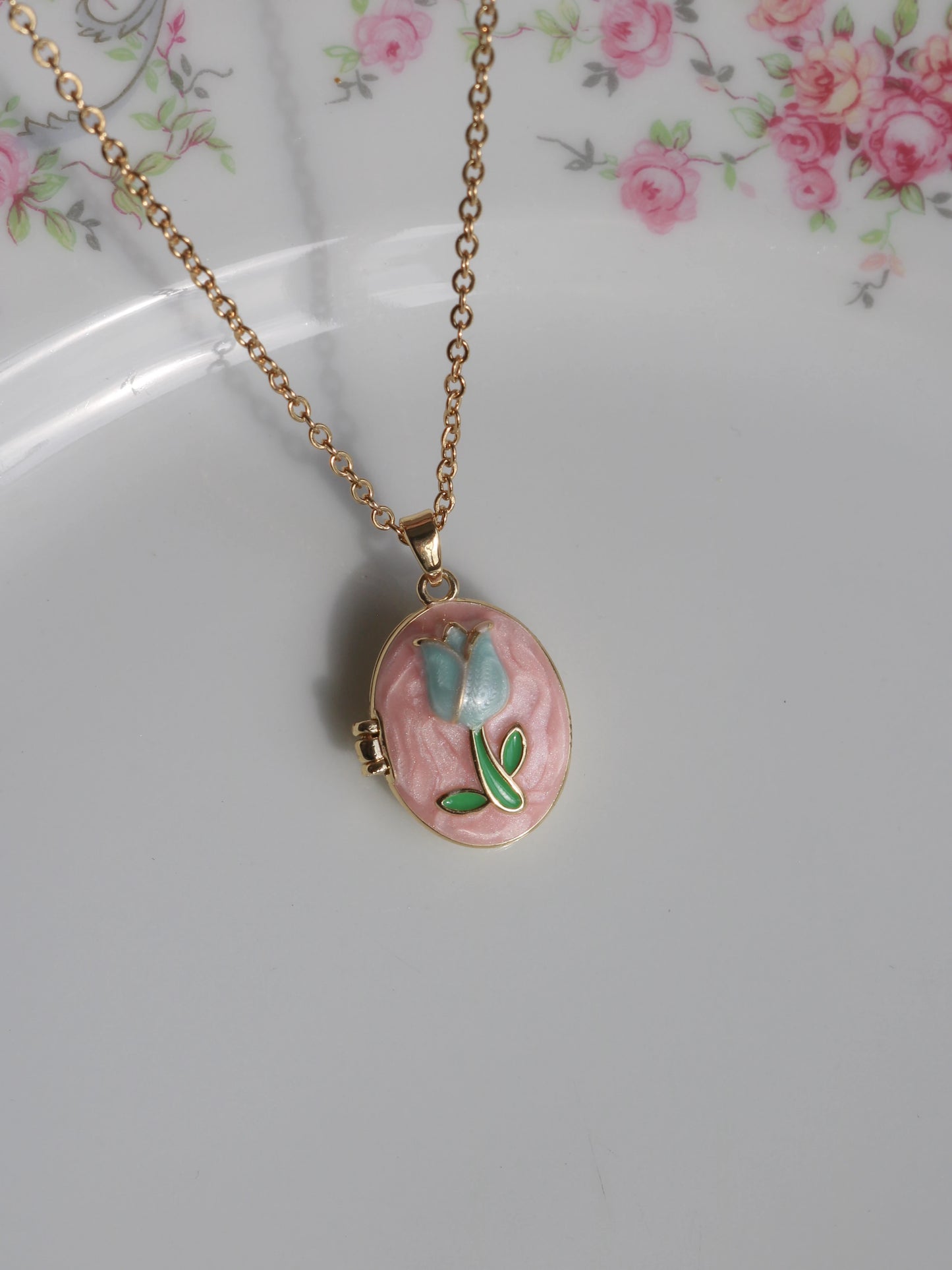 Pink Tulip Personalized Photo Locket Necklace