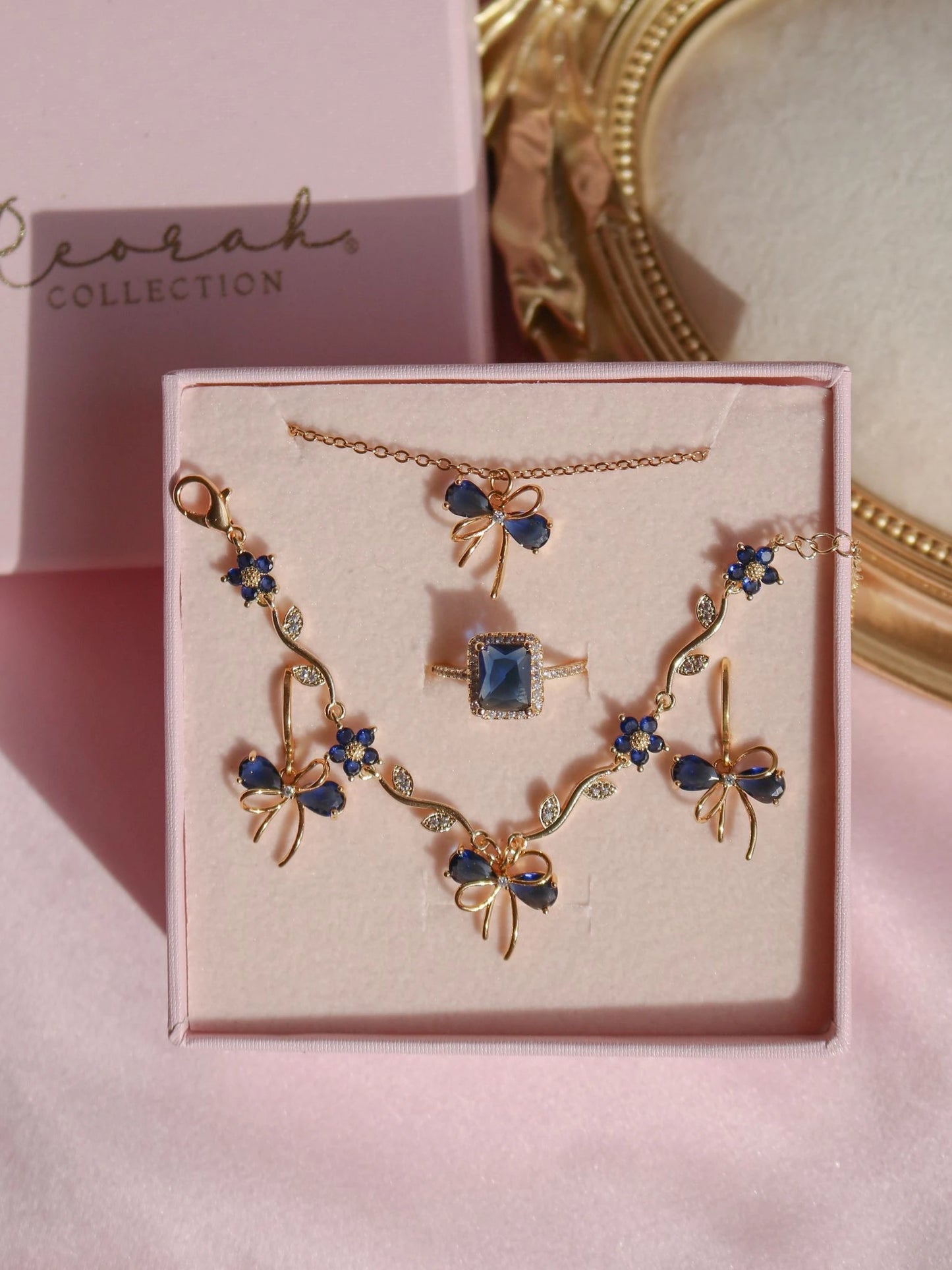 Navy Blue Ribbon Garden Bracelet, Earrings, Ring and Necklace Set