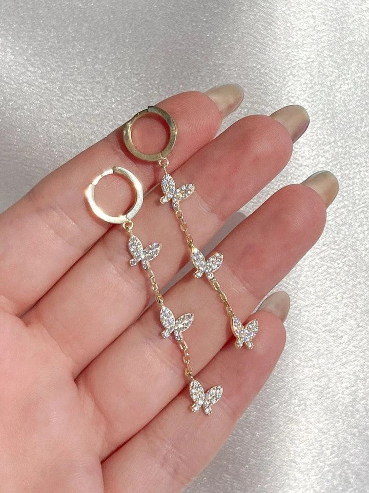 Triple Zircon Stone Butterfly 925 Silver Earrings
