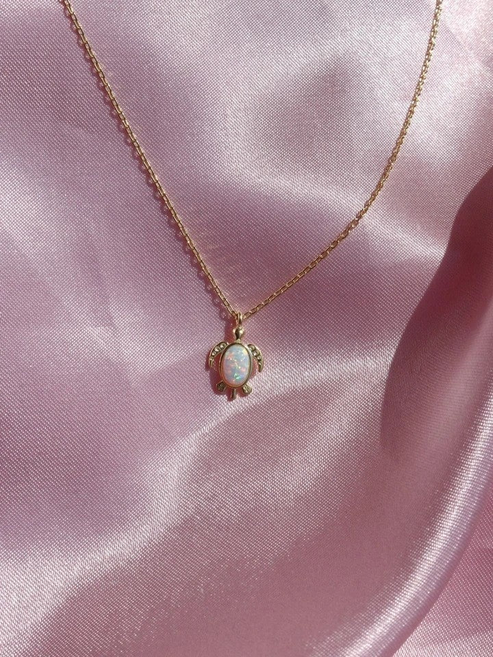 Minimal Turtle Opal Stone 925 Silver Necklace