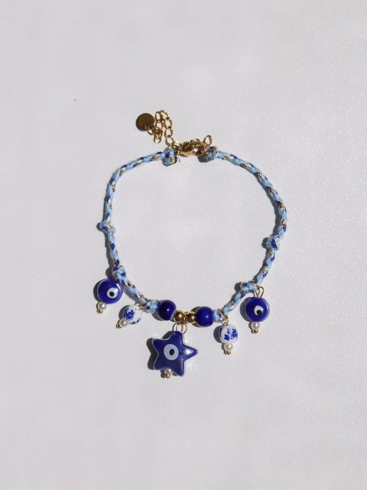 Evil Eye Porcelain Bead Macrame Steel Bracelet
