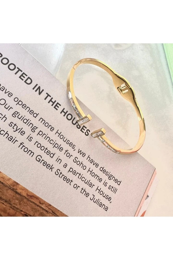 H Baguette Stone Steel Cuff Bracelet -Gold