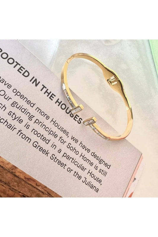 H Baguette Stone Steel Cuff Bracelet -Gold