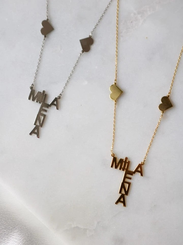 925 Silver Necklace With Two Names And Hearts