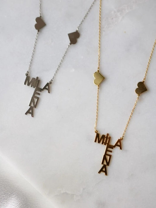 925 Silver Necklace With Two Names And Hearts