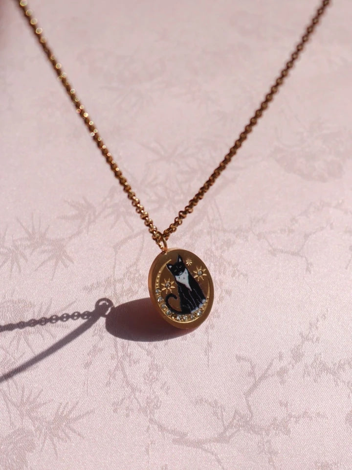 Vintage Tuxedo Cat Steel Necklace