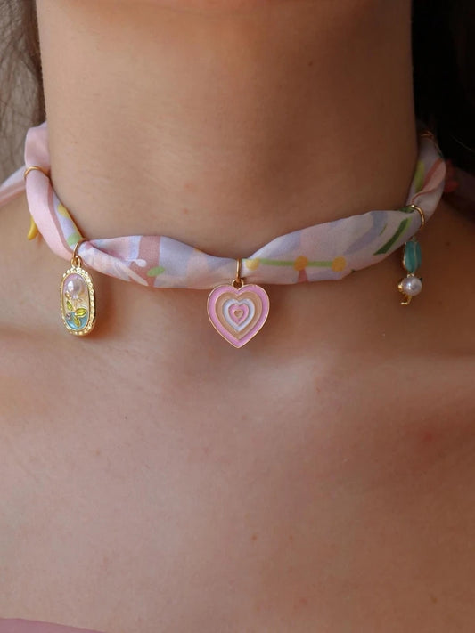 Pink Flower Scarf Steel Charm Necklace