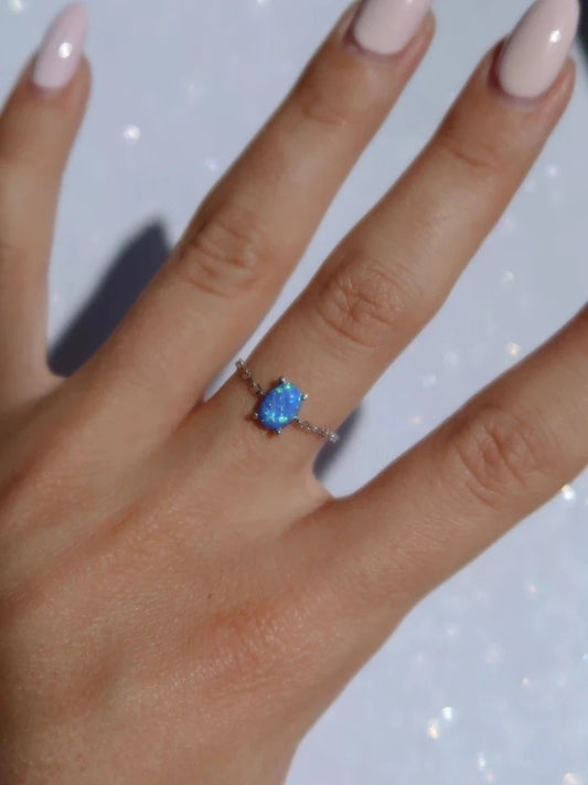 Oval Chain Ring Blue Opal 925 Sterling Silver