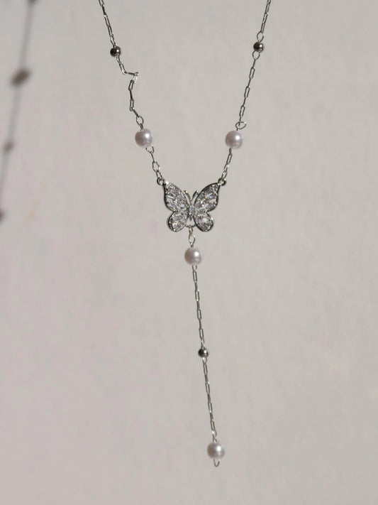 White Crystal Butterfly Y Necklace