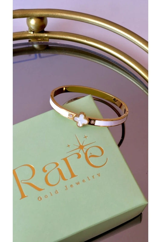 Pearlescent White Enameled Steel Cuff Bracelet V Flower Shaped - Gold