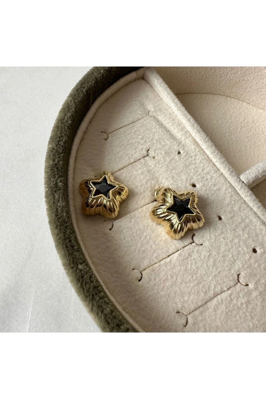 Black Zircon Stone Bombe Gold Plated 925 Silver Earrings