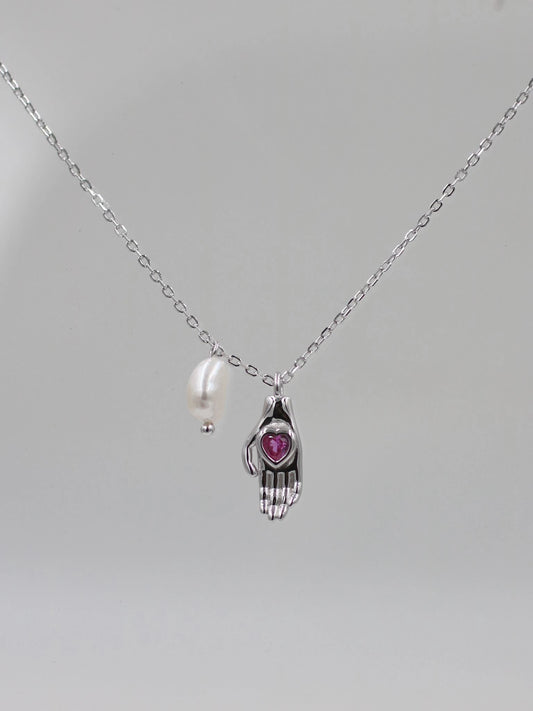 Pearly Fatimas Lovely Hand 925 Silver Necklace