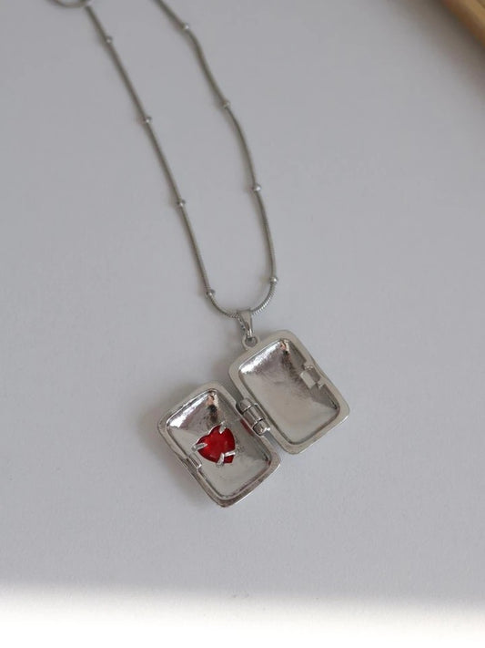 Personalized Red Heart Locket Steel Necklace