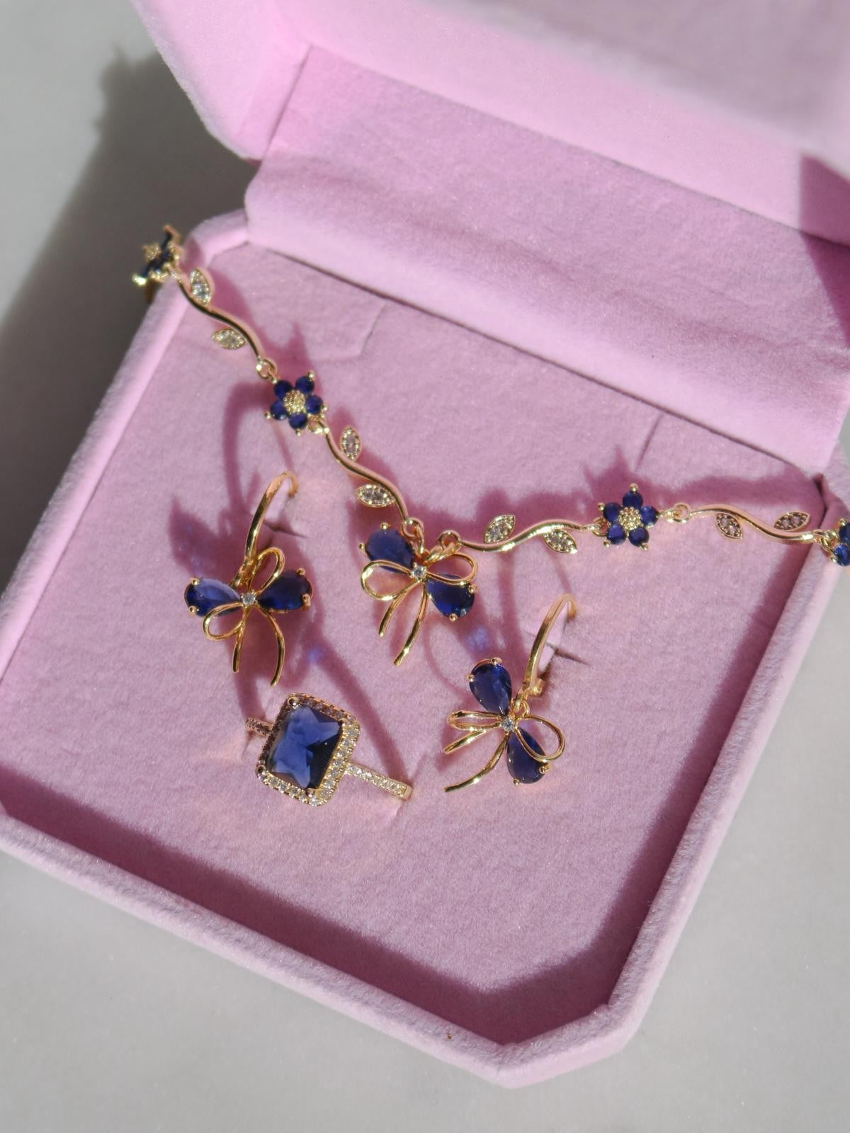Navy Blue Ribbon Garden Bracelet, Earrings, Ring Set