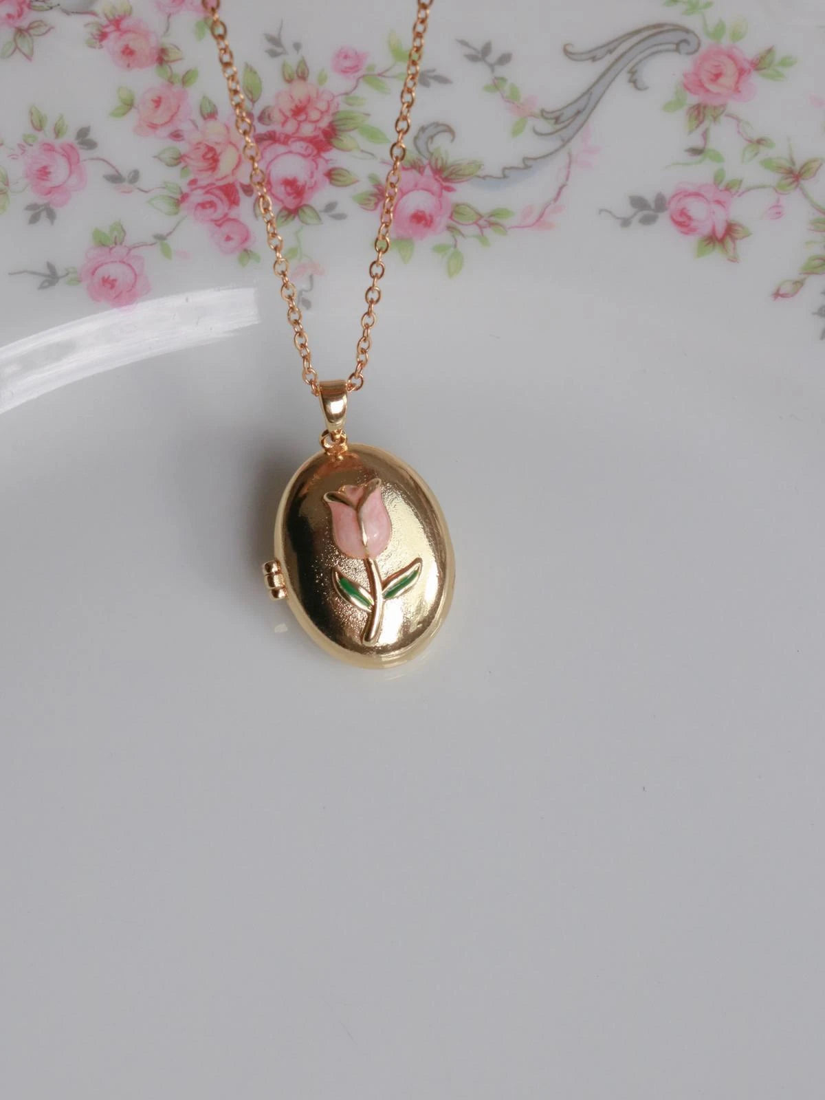 Pink Tulip Flower Personalized Photo Locket Necklace