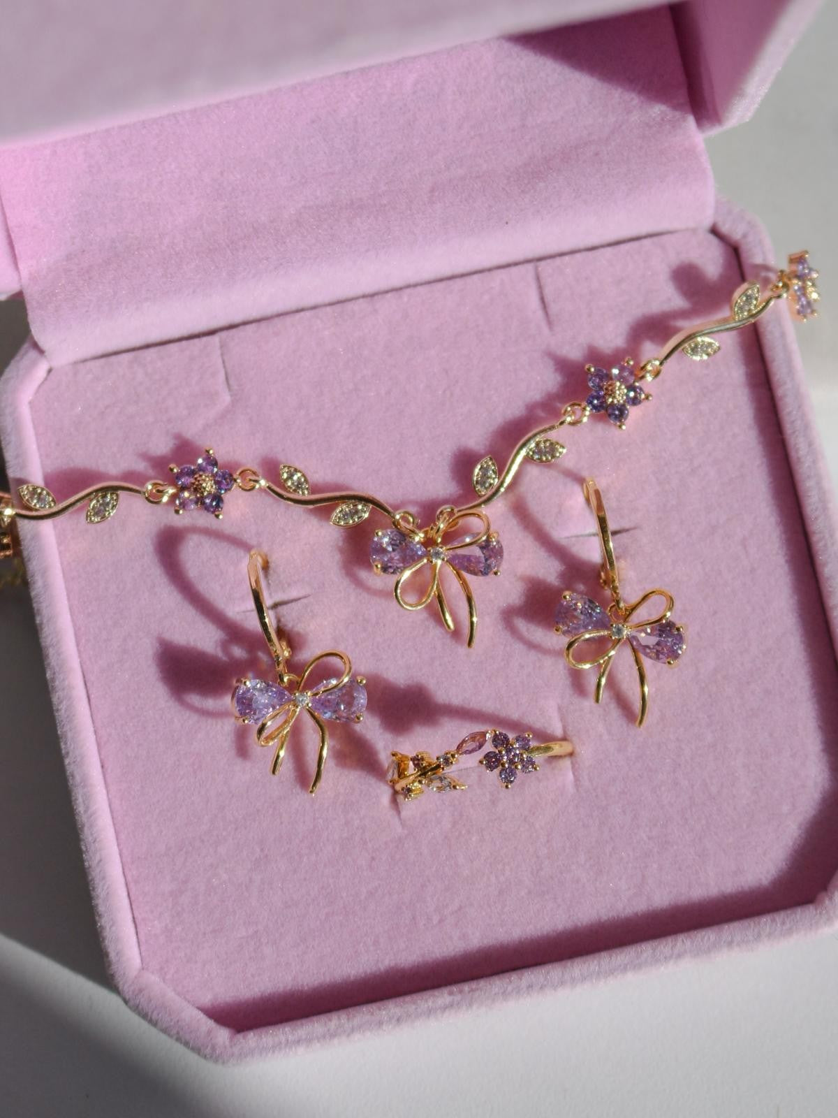 Lilac Ribbon Garden Bracelet, Earrings, Ring Set