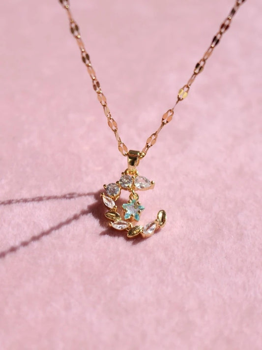 Moon And Blue Star Steel Necklace