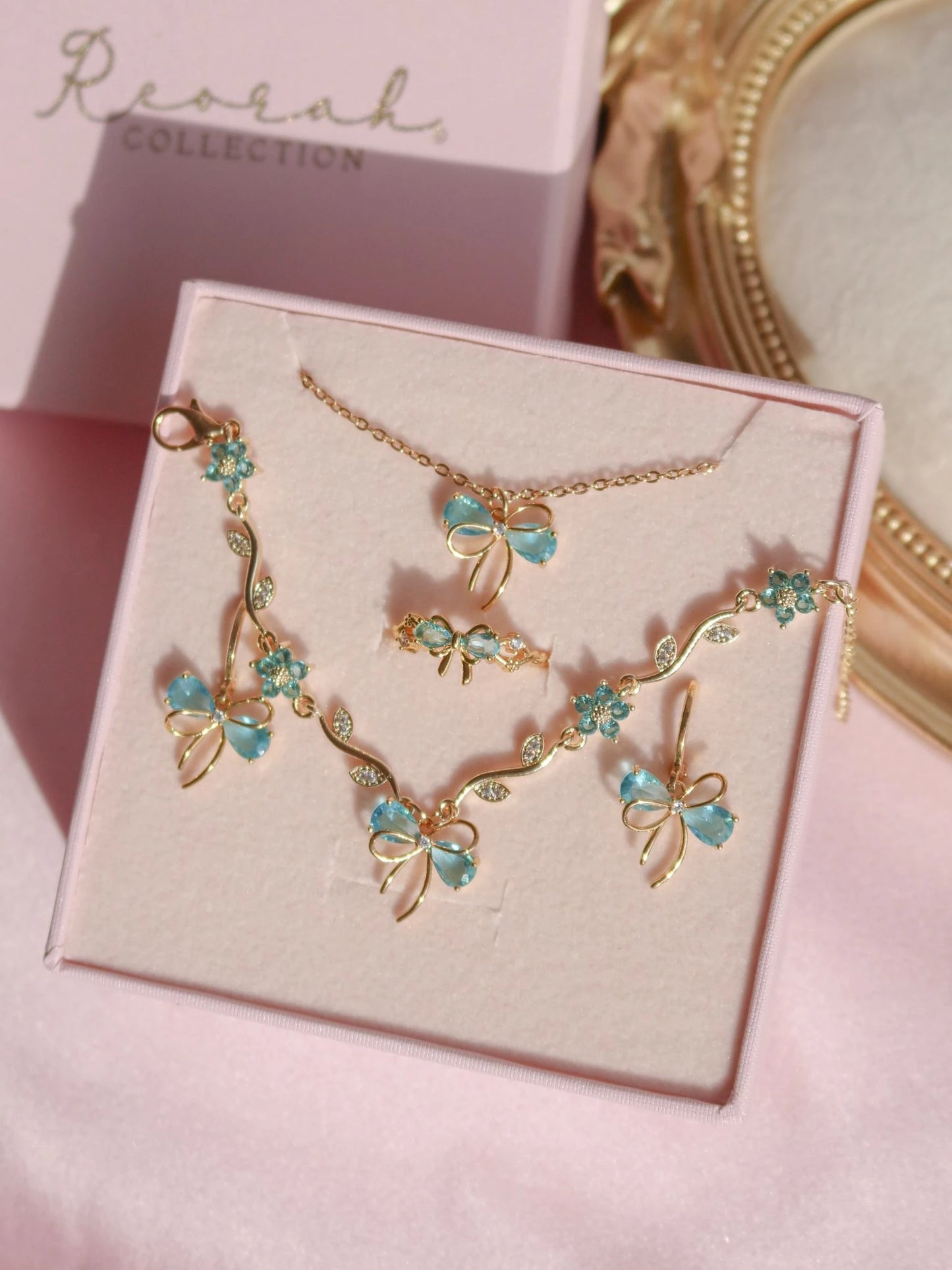 Blue Ribbon Garden Bracelet, Earrings, Ring and Necklace Set