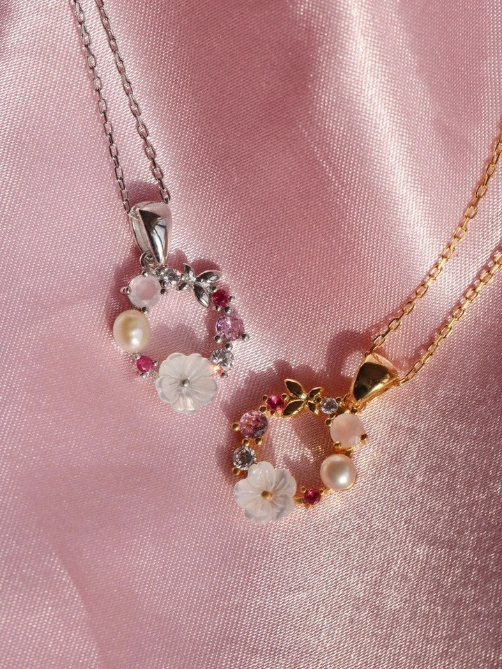 Pink Flower Garden 925 Silver Necklace