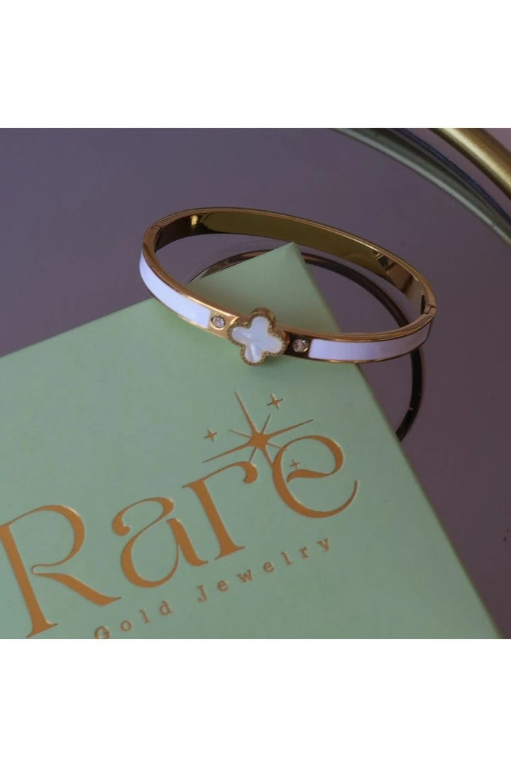 Pearlescent White Enameled Steel Cuff Bracelet V Flower Shaped - Gold