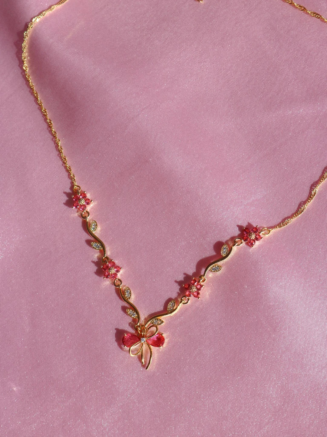 Dark Pink Ribbon Garden Necklace