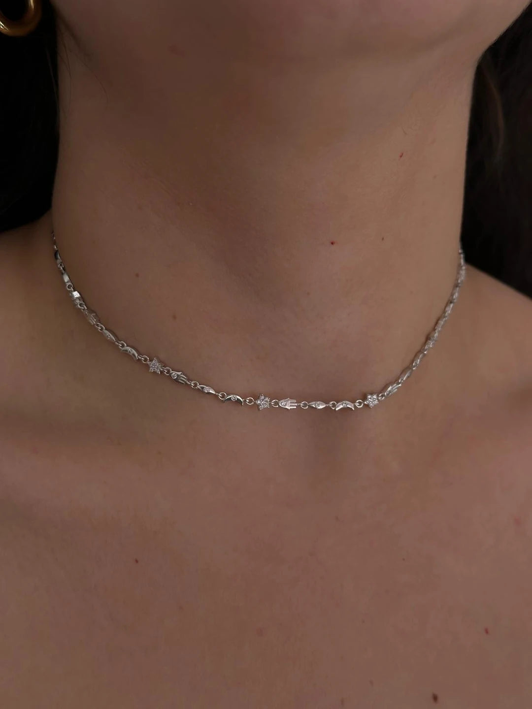 White Fatima's Starry Hand 925 Silver Necklace, 925 Sterling Silver