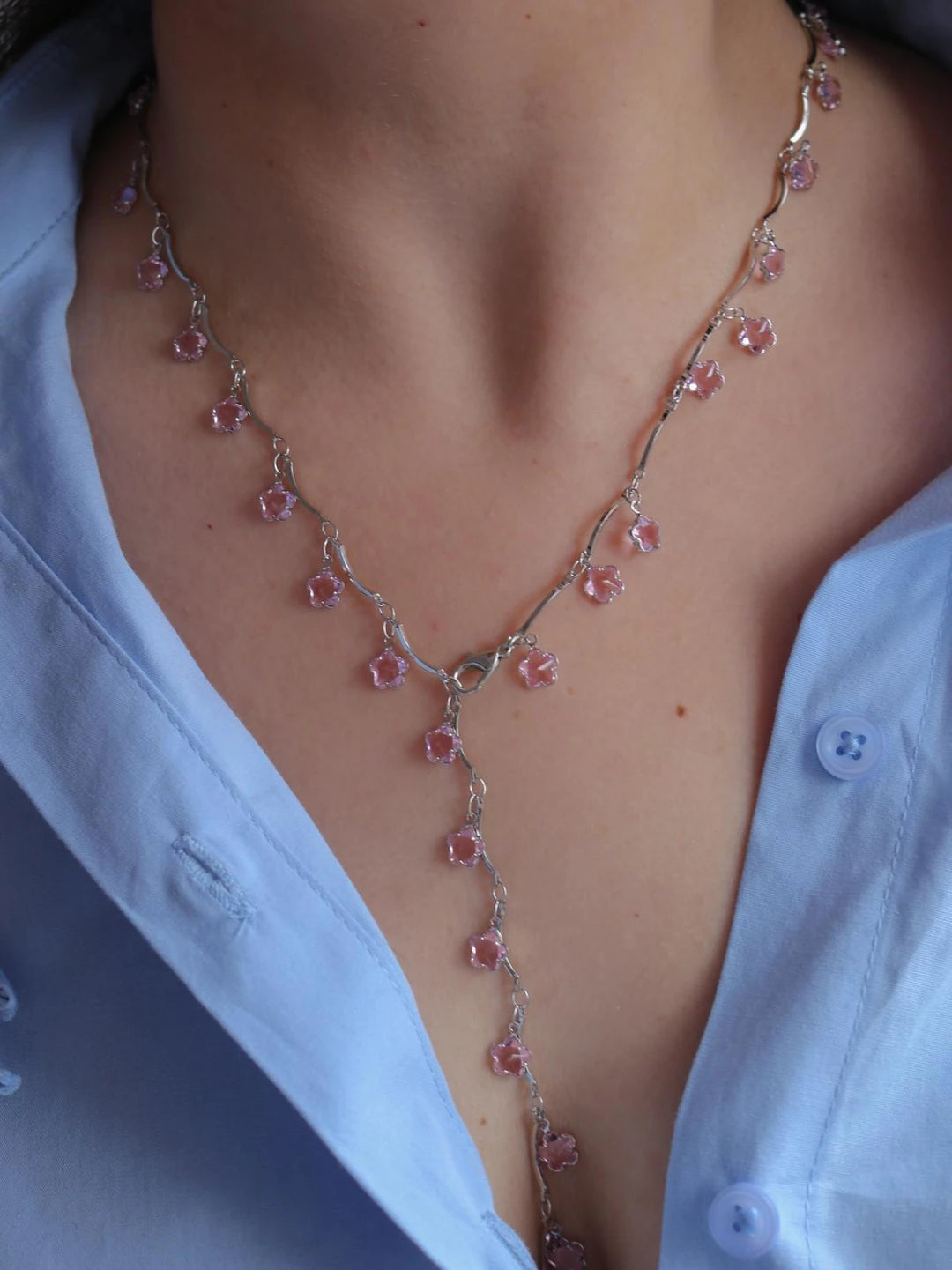 Pink Swing Flower Y Necklace