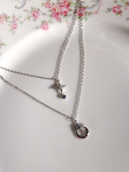 Polar Star and Moon Double 925 Silver Necklace