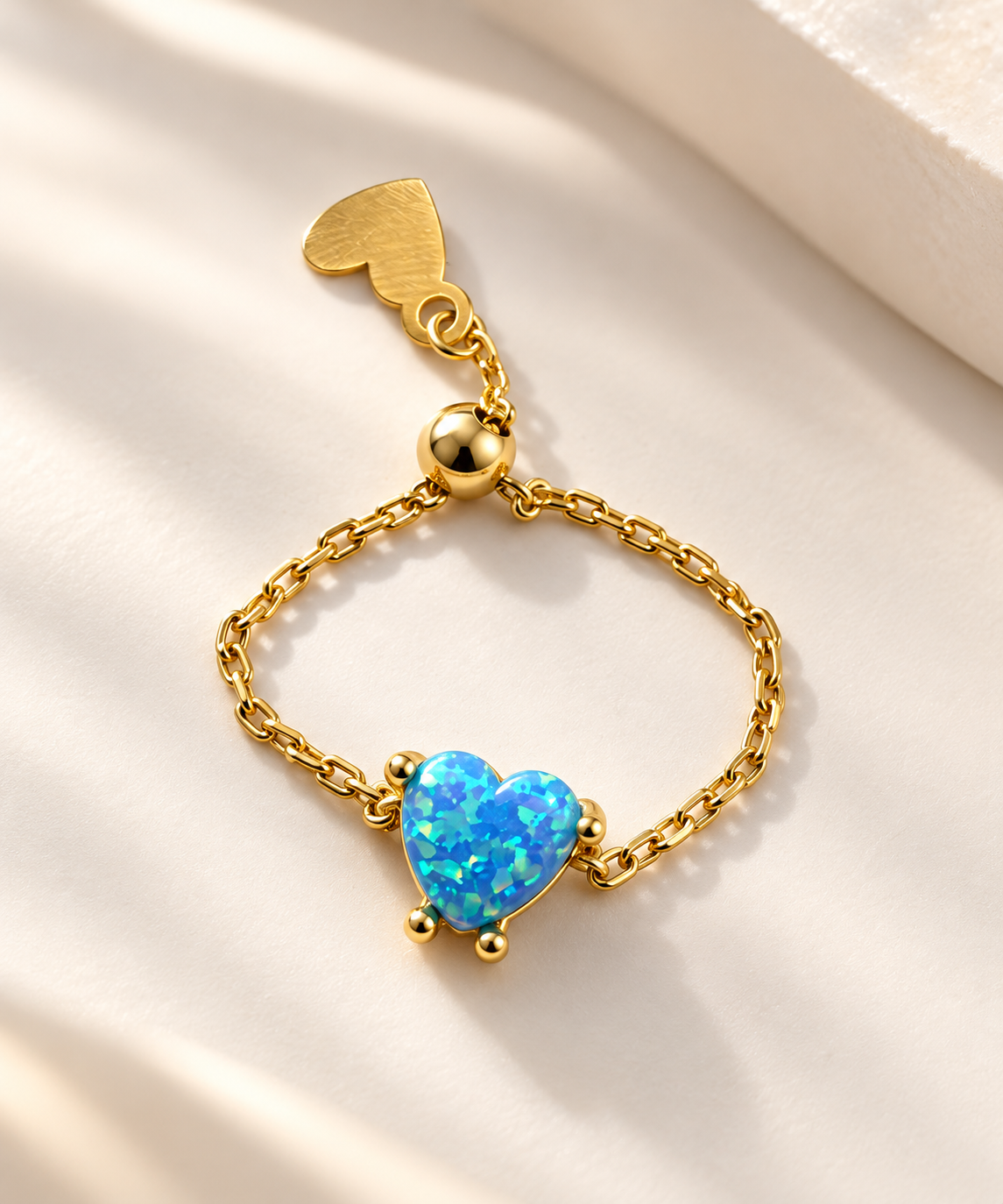 Heart Chain Ring Blue Opal 925 Sterling Silver