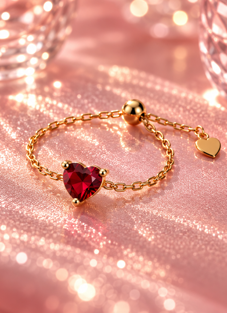 Heart Chain Ring Red 925 Sterling Silver