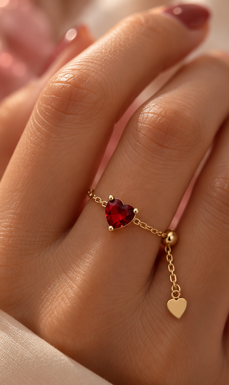 Heart Chain Ring Red 925 Sterling Silver