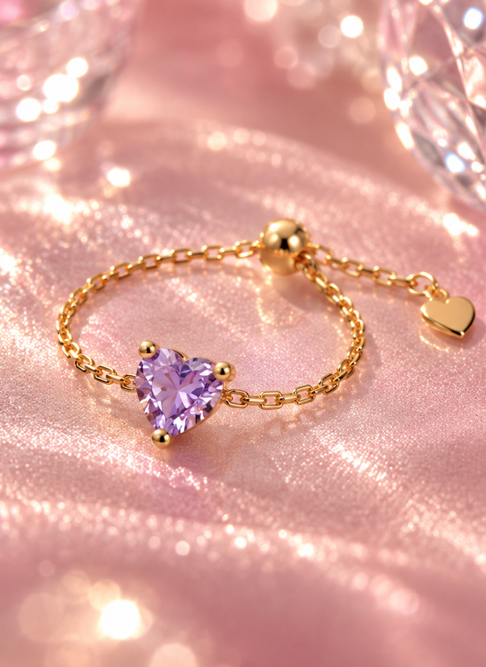 Heart Chain Ring Lilac 925 Sterling Silver