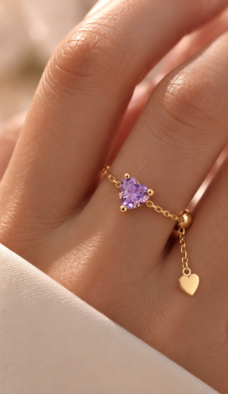 Heart Chain Ring Lilac 925 Sterling Silver