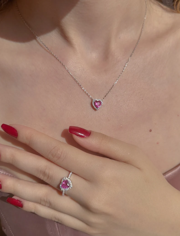 Pink Princess Heart Necklace, Necklace, Earring and Ring Set, 925 Sterling Silver