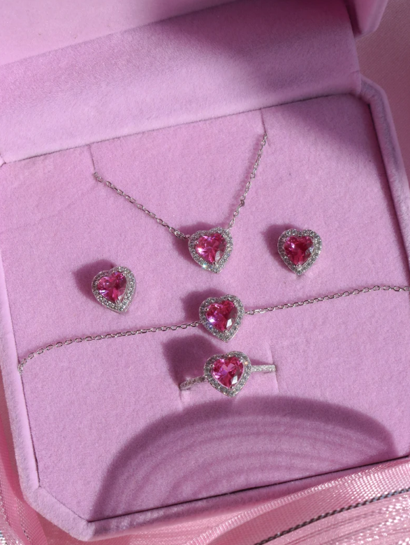 Pink Princess Heart Necklace, Necklace, Earring and Ring Set, 925 Sterling Silver