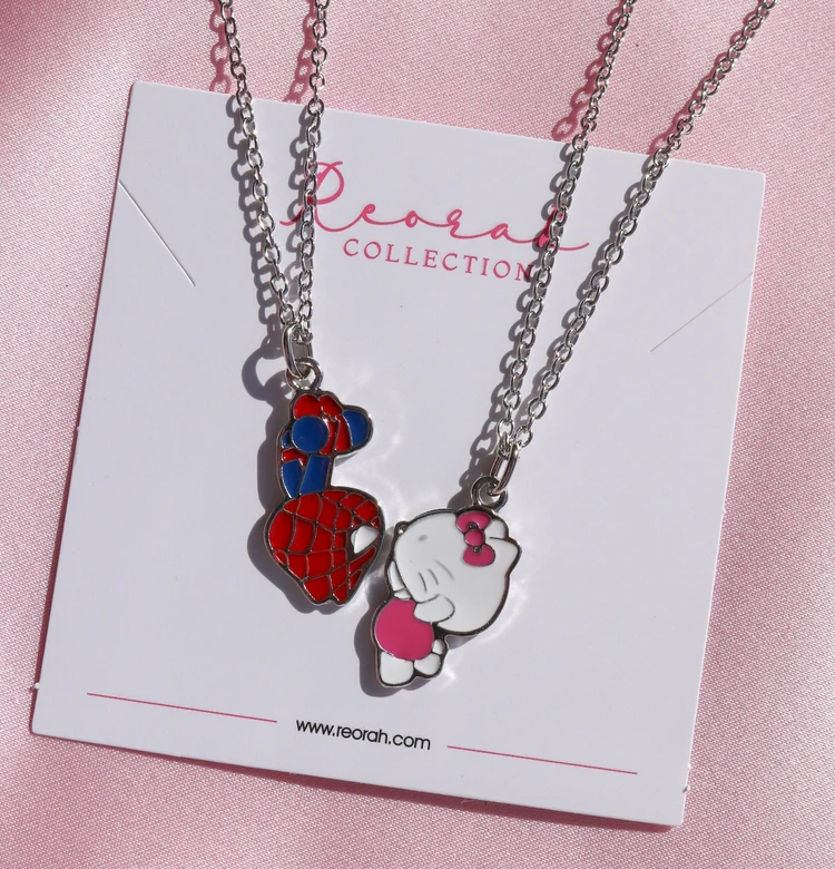 Kitty and Spider 2pcs Enamel Necklace, Cartoon Jewelry