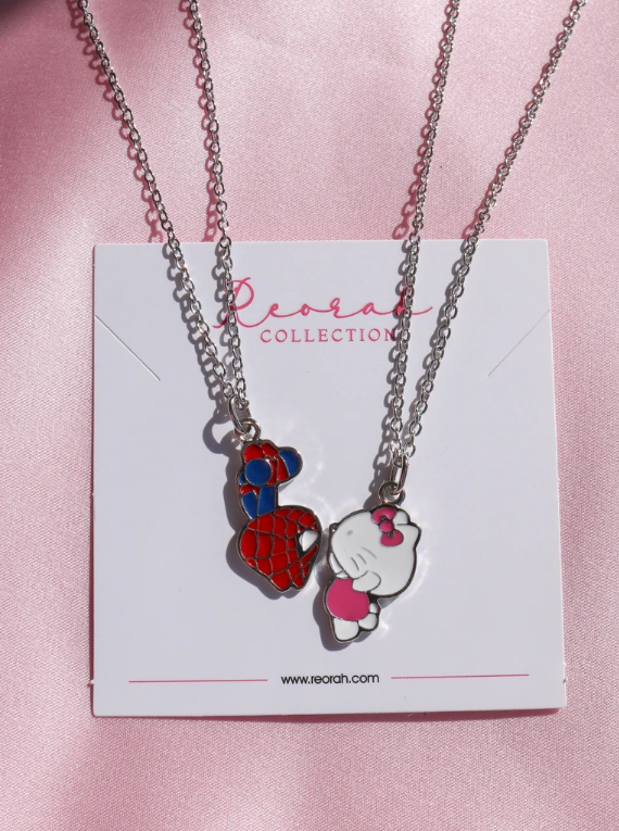 Kitty and Spider 2pcs Enamel Necklace, Cartoon Jewelry