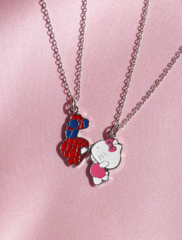 Kitty and Spider 2pcs Enamel Necklace, Cartoon Jewelry