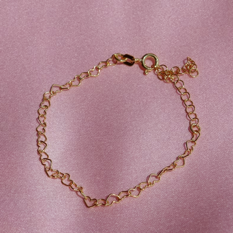 Heart to Heart Chain Bracelet, Gold or Silver Plated, 925 Sterling Silver, Basic Heart Bracelet