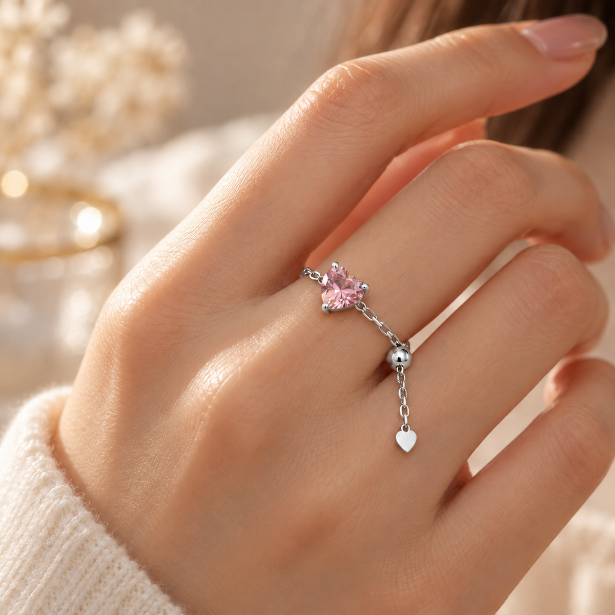 Heart Chain Ring Pink 925 Sterling Silver